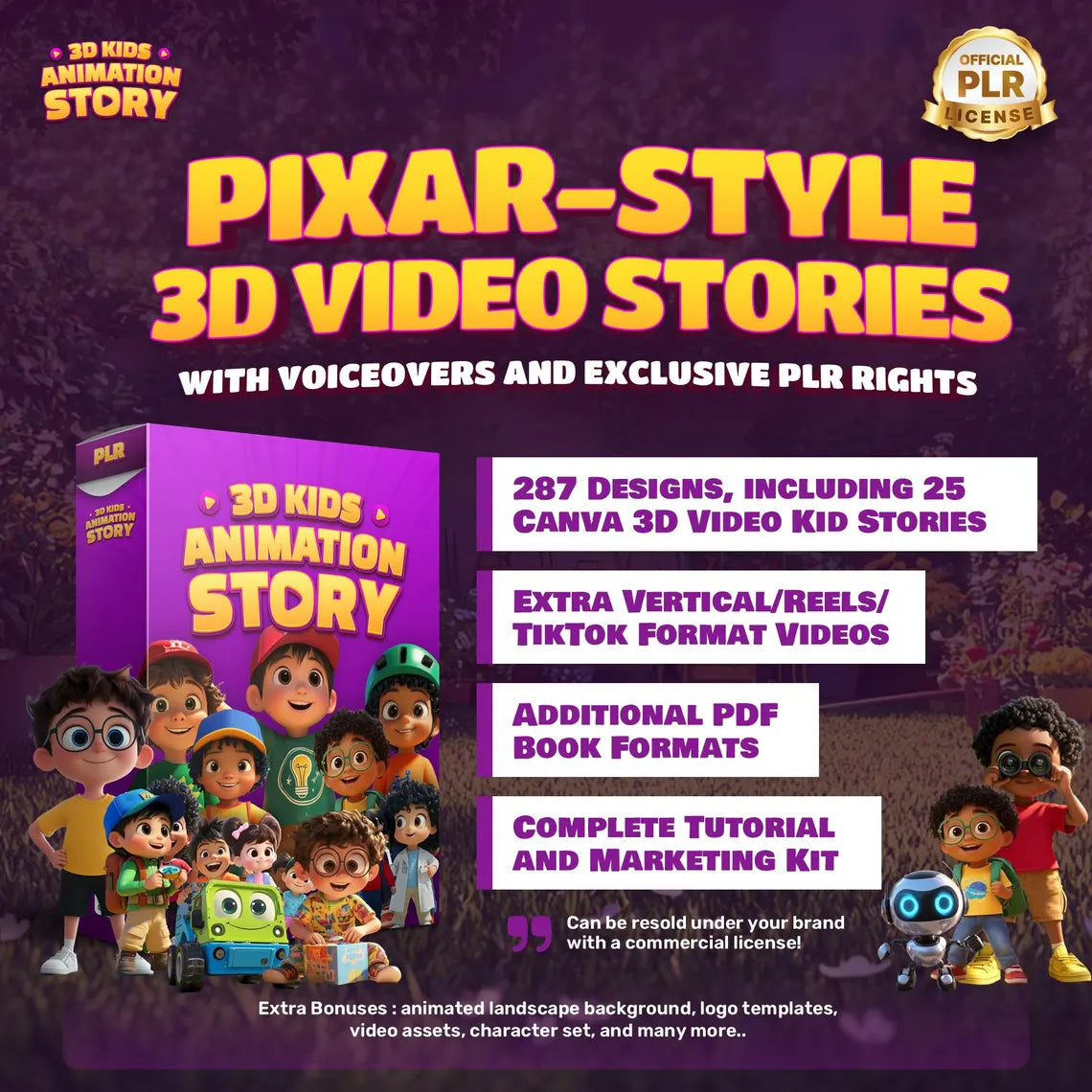 Pixar-Style 3D Kids' Video Stories, Complete with Voiceovers and Exclusive PLR Rights