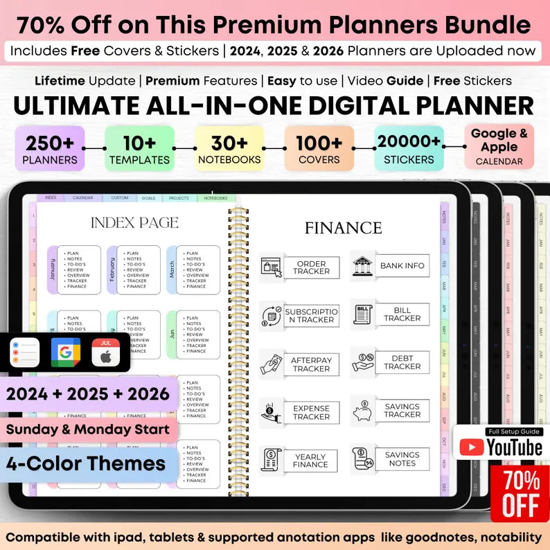 All-in-One Digital Planner 2024, 2025, 2026, Undated Digital Planner, Digital Journal, Digital Goodnotes Template, Notability, Daily Planner